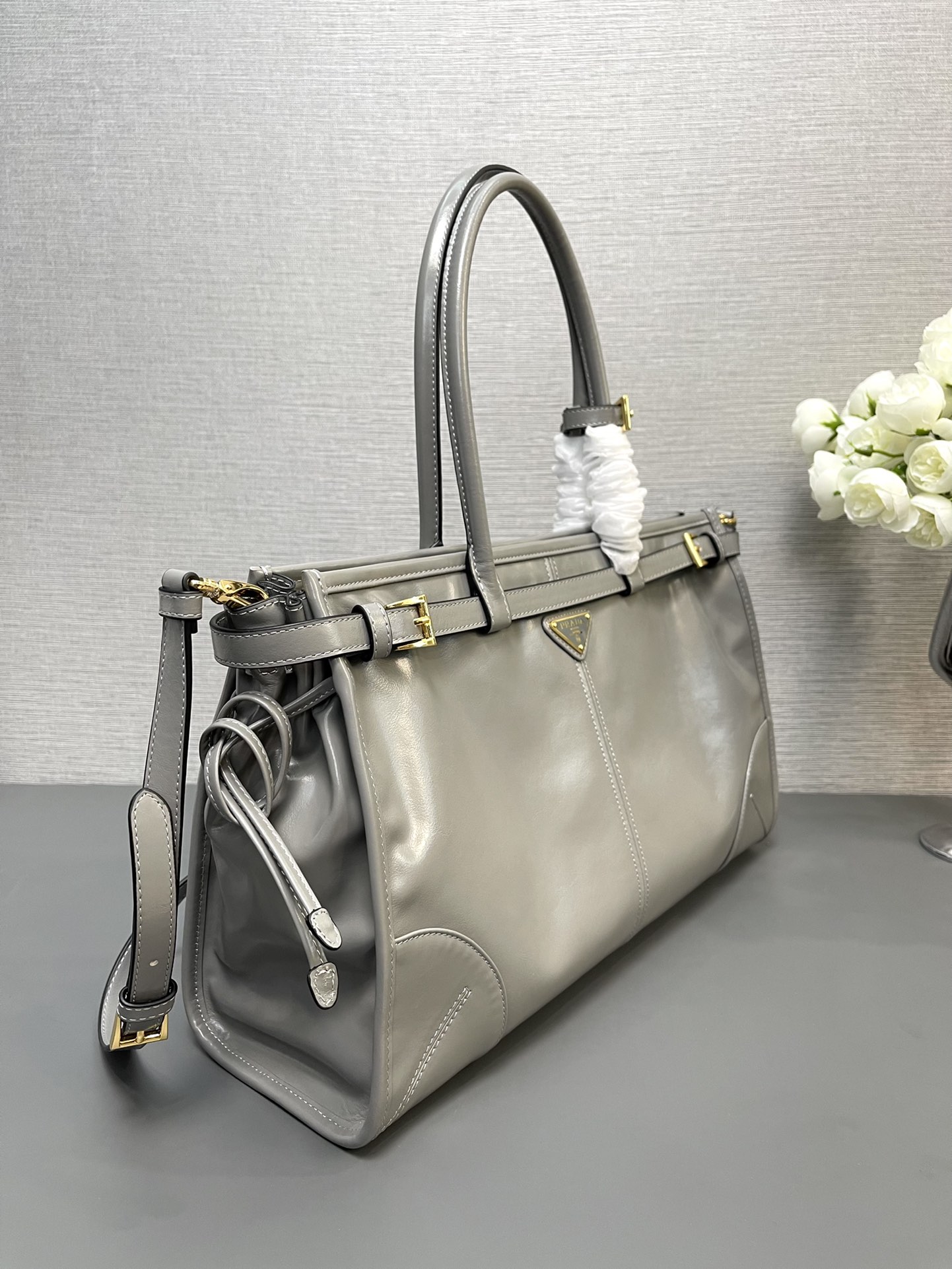 Prada Large LusSolf Leather Handbag Bag Tote Pewter 1BA433